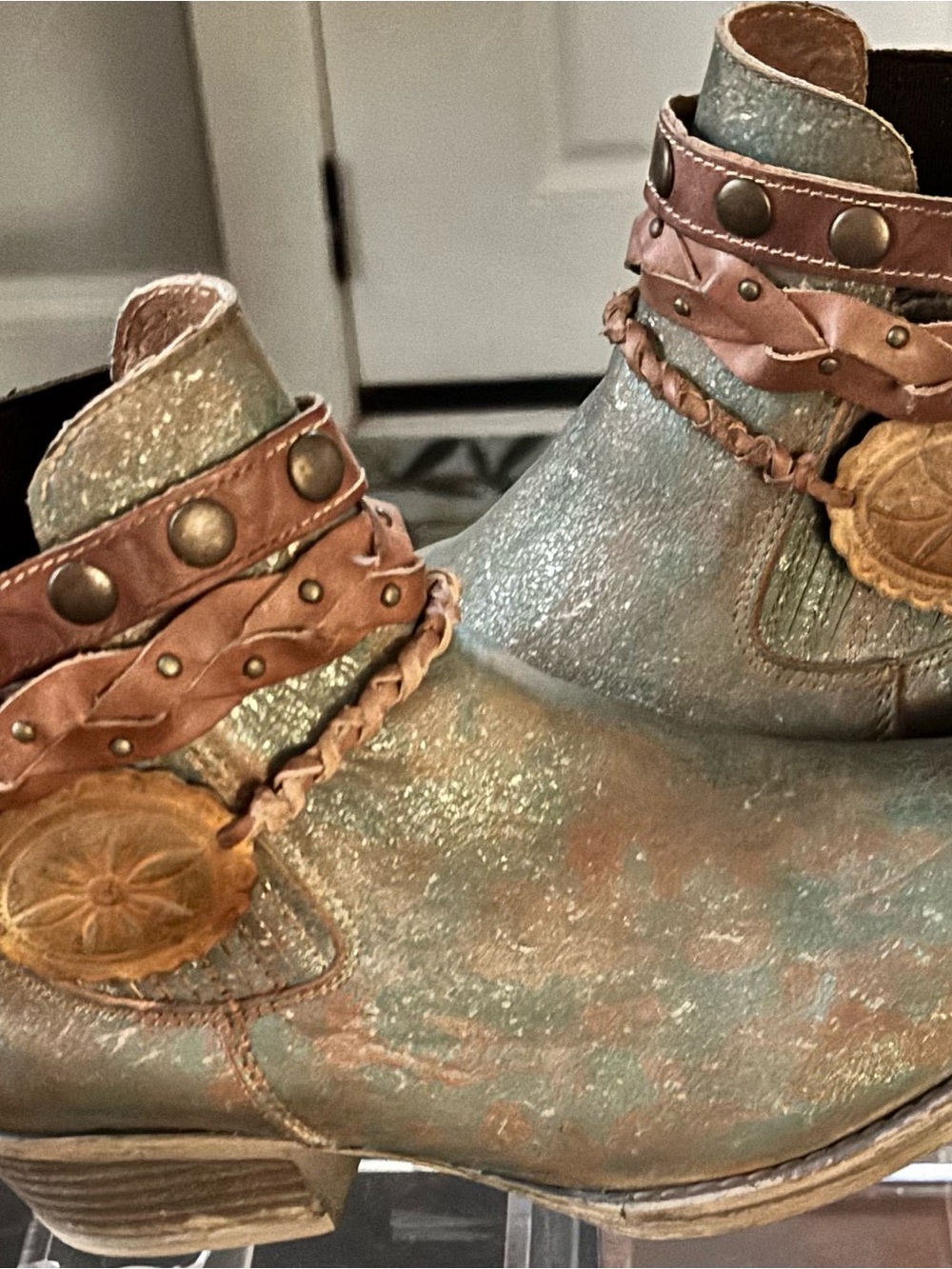 Circle G Glittered Teal and Brown Braided Strap Ankle Boots